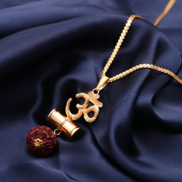 Om Pendant with Rudraksha and Chain – Spiritual Necklace for Men 18K Gold Plated