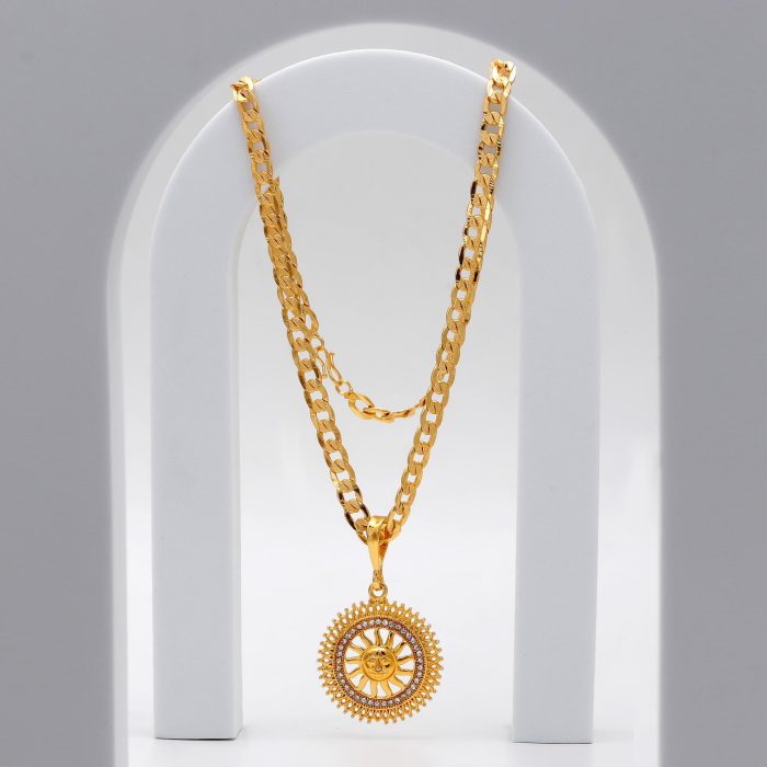 18K Gold Plated Suraj Pendant with Cuban Link Heavy Chain – Sun God Necklace for Men