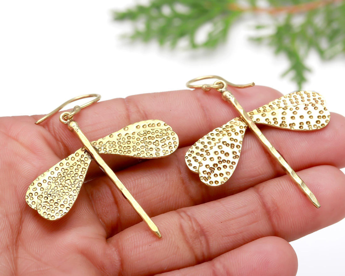 Golden Dragonfly Dangle Earrings – Textured Handmade Statement Jewelry
