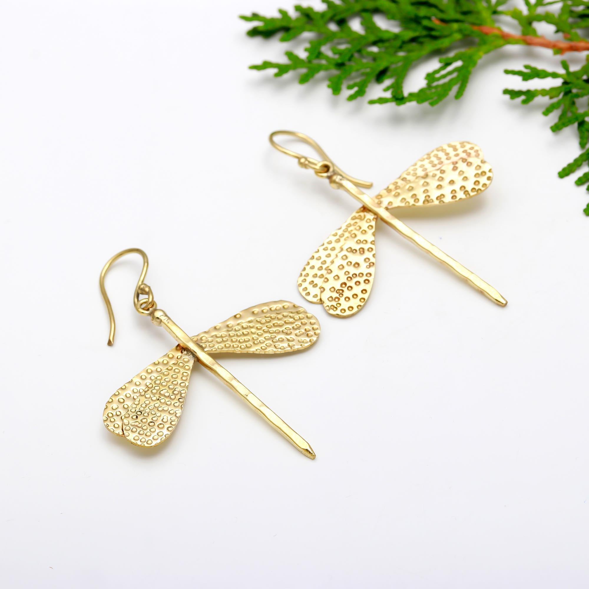 Golden Dragonfly Dangle Earrings – Textured Handmade Statement Jewelry