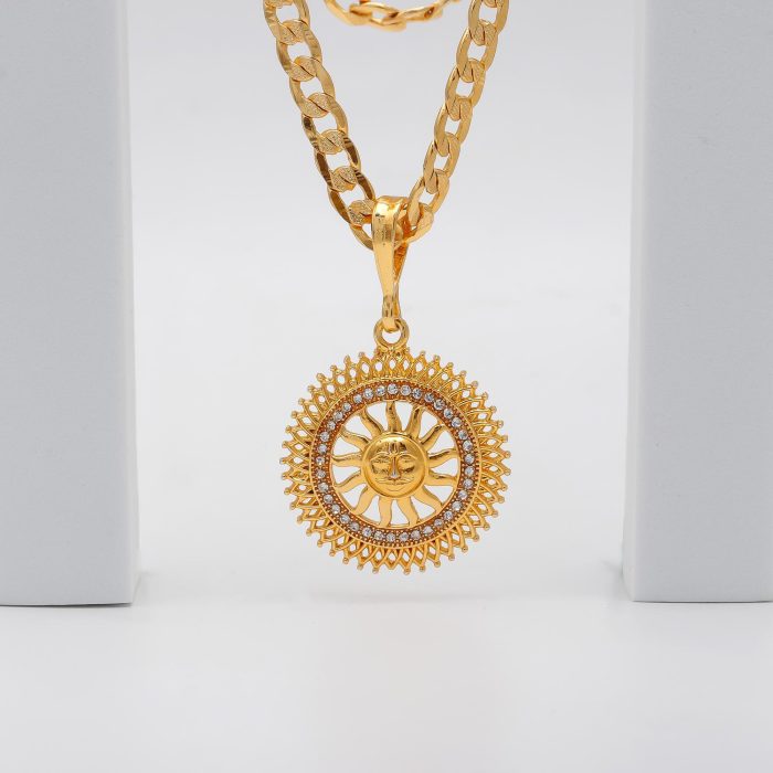 18K Gold Plated Suraj Pendant with Cuban Link Heavy Chain – Sun God Necklace for Men