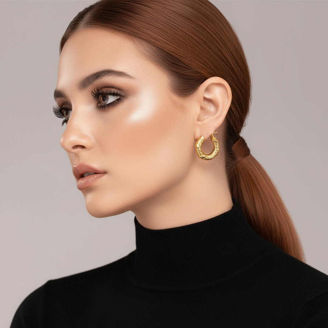 Elegant Gold Plated Hoop Earrings Set – 2 Pairs with Luxury Gift Boxes (Glossy & Textured Hoops)