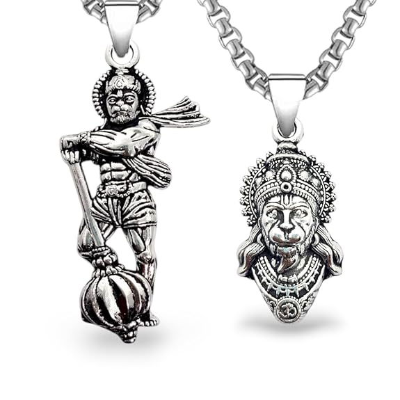 Lord Hanuman Ji Locket for Men Combo Hindu God Bajrangbali Spiritual Pendant | Necklace Pendant with Chain Traditional Lockets Gift Set for Bestfriend, Brother, Son, Set of 2 (Pack of 1)