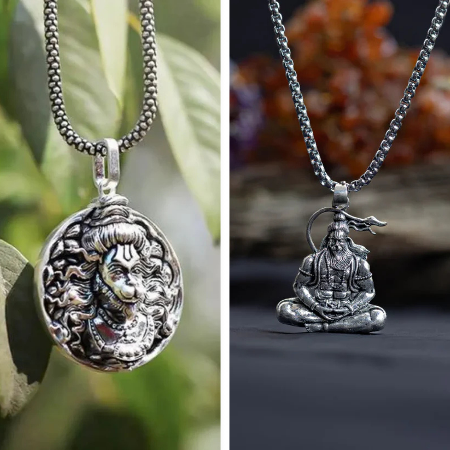 Antique Lord Hanuman Pendants – Set of 2 Spiritual Necklaces in Oxidized Silver Finish