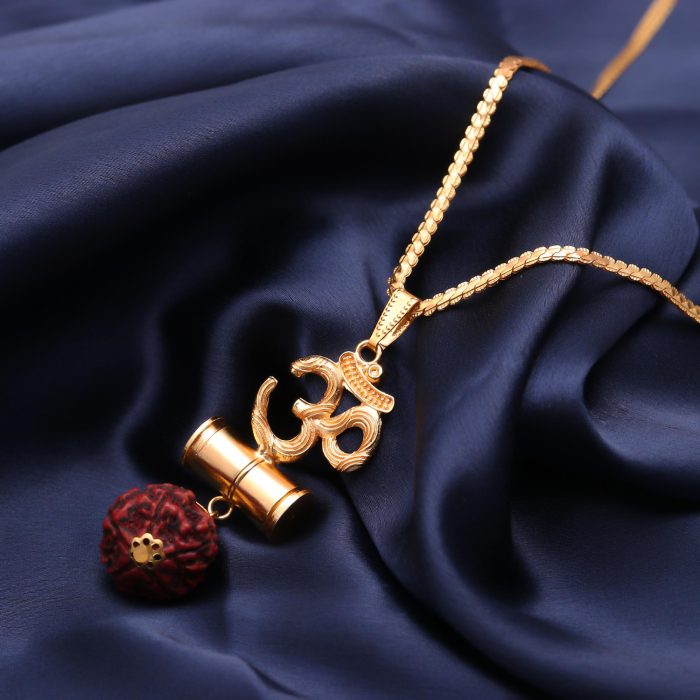 Om Pendant with Rudraksha and Chain – Spiritual Necklace for Men 18K Gold Plated