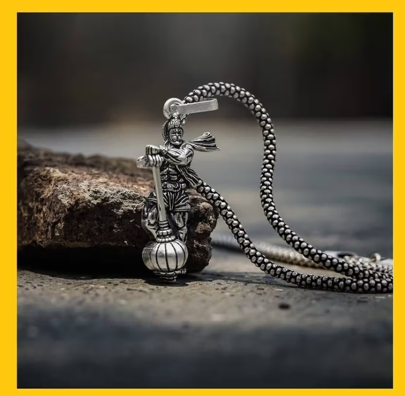 Hanumanji With Gada Silver Pendant Chain Silver Stainless Steel Pendant Set