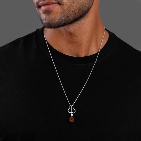 Silver Trishul And Rudraksha Pendant With Box Chain