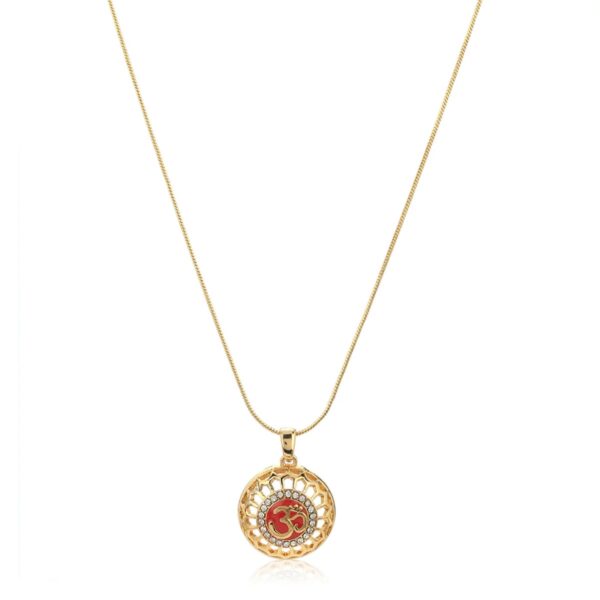 Estele Gold Plated Red Enamel Om Locket Pendant Chain with White Austrian Crystals For Men/women