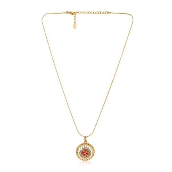 Estele Gold Plated Red Enamel Om Locket Pendant Chain with White Austrian Crystals For Men/women