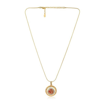 Estele Gold Plated Red Enamel Om Locket Pendant Chain with White Austrian Crystals For Men/women