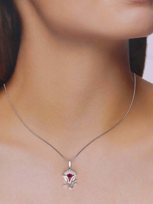 Sterling Silver Pink Studded Lord Ganesha Pendant With Chain